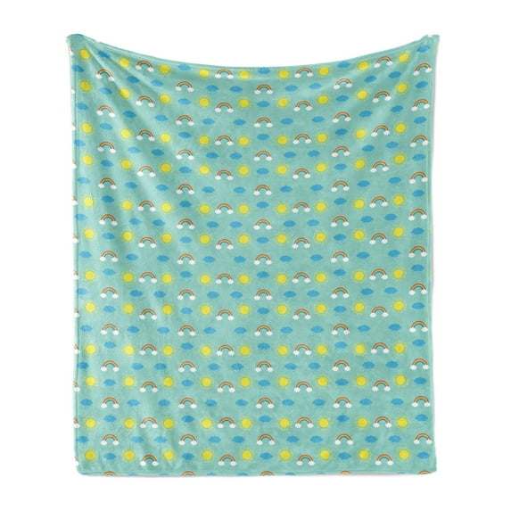Rain Soft Flannel Fleece Throw Blanket, Graphic Composition of Rain Clouds Rainbow and Sun for Weathers and Seasons Theme, Cozy Plush for Indoor and Outdoor Use, 70" x 90", Multicolor, by Ambesonne