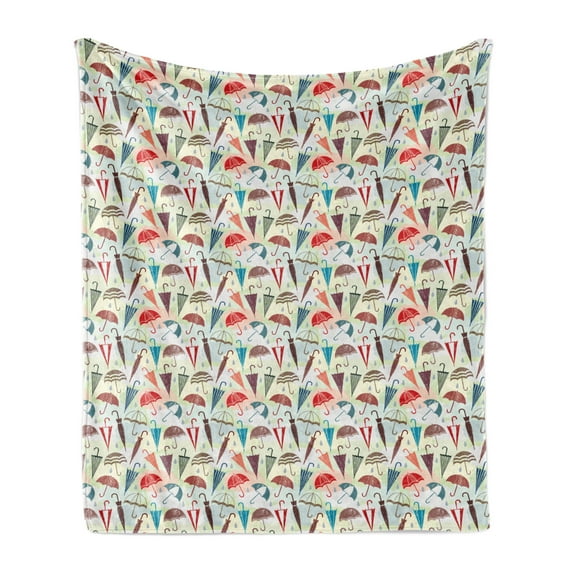 Rain Soft Flannel Fleece Throw Blanket, Grunge Design Vivid Pattern of Various Umbrellas and Drops on Pastel Clouds, Cozy Plush for Indoor and Outdoor Use, 50" x 70", Multicolor, by Ambesonne