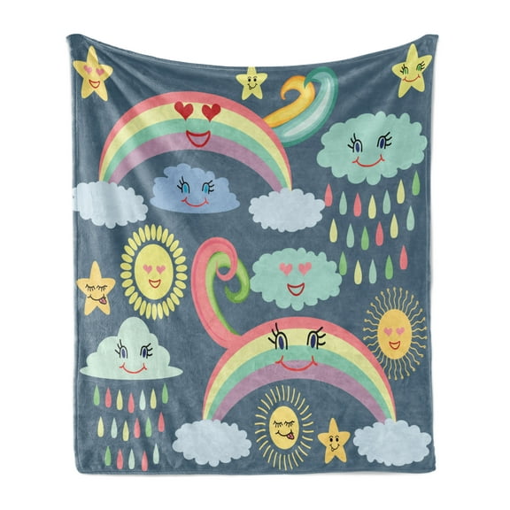 Rain Soft Flannel Fleece Throw Blanket, Nursery Theme Joyful Weather and Sky Concept Such as Rainbows Clouds and Stars, Cozy Plush for Indoor and Outdoor Use, 60" x 80", Multicolor, by Ambesonne