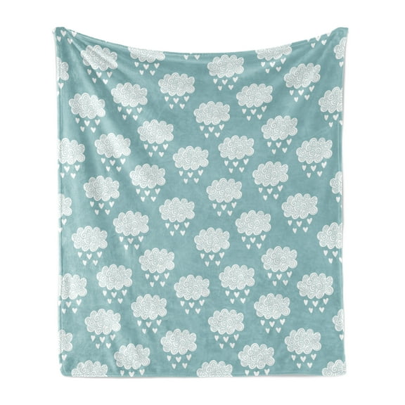 Rain Soft Flannel Fleece Throw Blanket, Repetitive Hearts Raining Clouds Bicolored Pastel Tone Illustration, Cozy Plush for Indoor and Outdoor Use, 50" x 70", Pale Slate Blue White, by Ambesonne