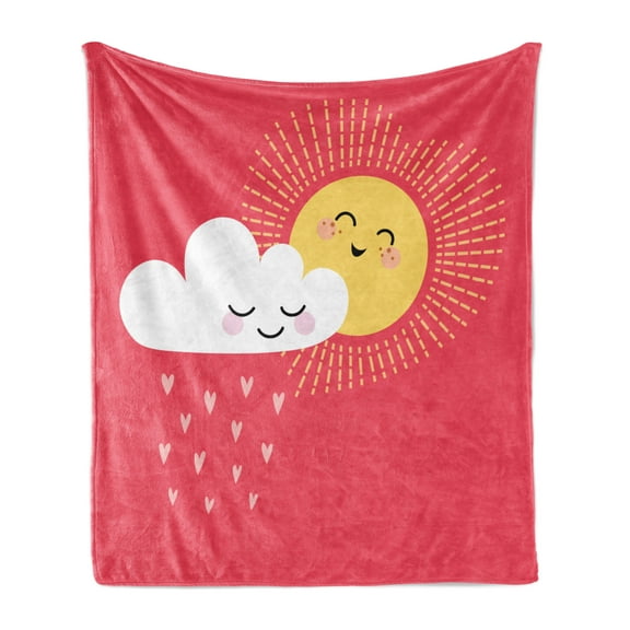 Rain Soft Flannel Fleece Throw Blanket, Valentines Day Theme Cloud and Sun Pattern with Heart Shaped Rays, Cozy Plush for Indoor and Outdoor Use, 50" x 60", Dark Coral Mustard, by Ambesonne