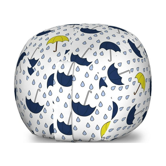 Rain Storage Toy Bag Chair, Continuous Hand Drawn Colorful Umbrella Weather Related Parasols Raindrops, Stuffed Animal Organizer Washable Bag, Large Size, White Dark Blue Yellow, by Ambesonne