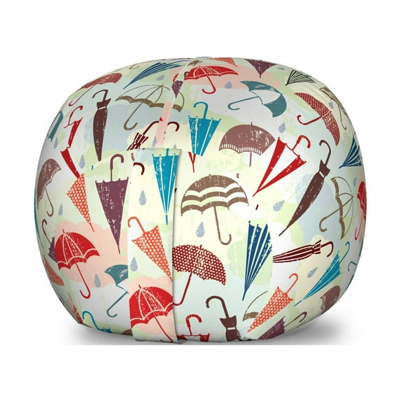 Rain Storage Toy Bag Chair, Grunge Design Vivid Pattern of Various Umbrellas and Drops on Pastel Clouds, Stuffed Animal Organizer Washable Bag, Large Size, Multicolor, by Ambesonne