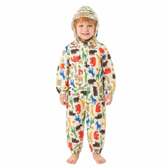 Kids Rain Suit One Piece Coveralls Raincoat Toddler Hooded Rainsuit Poncho Full Body Rain Gear for Girls and Boys 1-7 Years