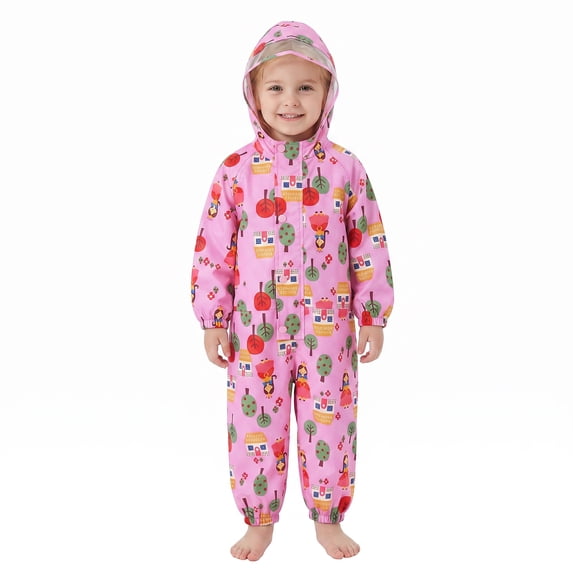 Girls Rain Suit Toddler Hooded Rainsuit One Piece Coveralls Raincoat Poncho Full Body Rain Gear for Kids 1-7 Years