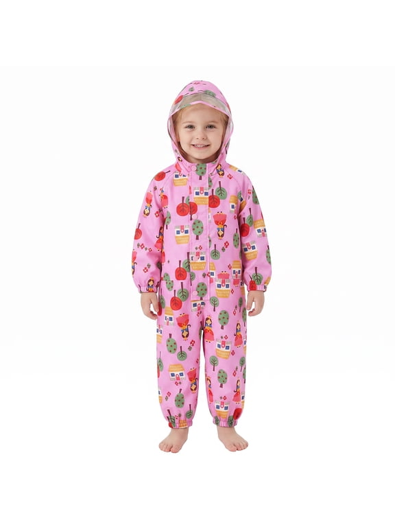 Girls Rain Suit Toddler Hooded Rainsuit One Piece Coveralls Raincoat Poncho Full Body Rain Gear for Kids 1-7 Years