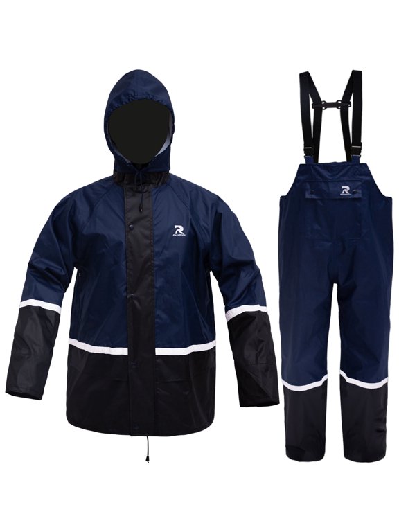 Rain Suits for Men Waterproof High Visibility Rain Gear Lightweight Rain Jacket with Bib Overalls Fishing Farming Golf(Navy,M)