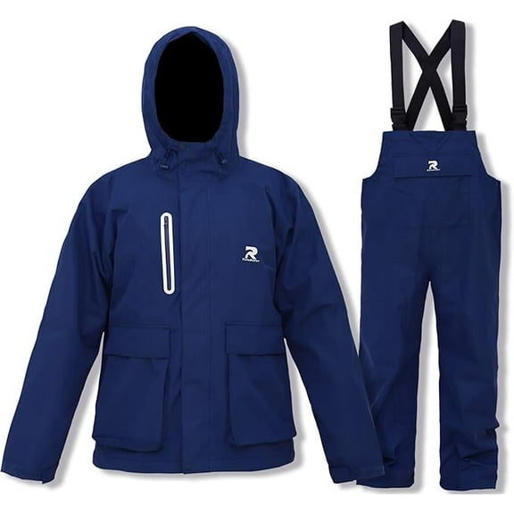 Rain Suits for Men Women Waterproof Rain Gear Jacket with Bib Pants Foul Weather Gear for Fishing Sailing (Navy, XXL)