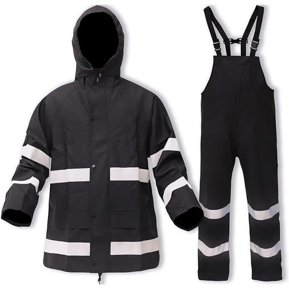 Rain Suits for Men Women Waterproof Reflective Rain Coat and Bib Pants for Safety Heavy Duty Rain Gear Fishing(Black, L)
