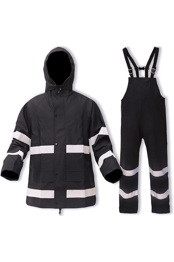Rain Suits for Men Women Waterproof Reflective Rain Coat and Bib Pants for Safety Heavy Duty Rain Gear Fishing（Black, M）