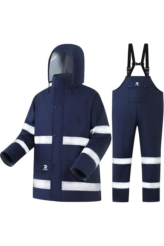 Rain Suits for Men Women Waterproof Reflective Rain Coat and Bib Pants for Safety Heavy Duty Rain Gear Fishing（Navy, L）