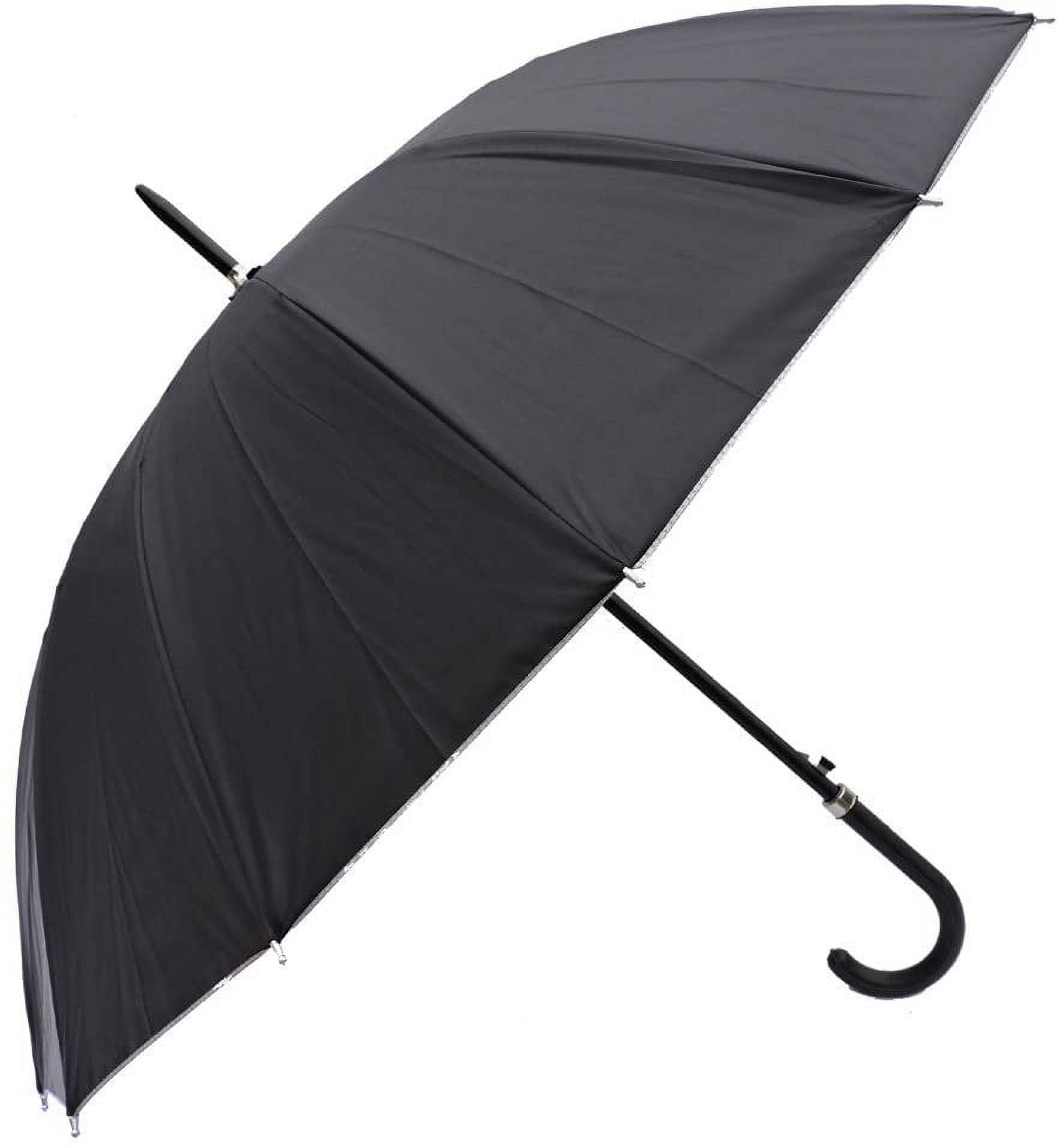 Rain Sun UV Protection Umbrella Large Full Size 42 Inches Canopy Coverage Windproof Auto Open J- Shape Stick Black w Sliver
