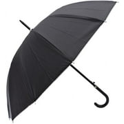 Rain Sun UV Protection Umbrella Large Full Size 42 Inches Canopy Coverage Windproof Auto Open J- Shape Stick Black w Sliver