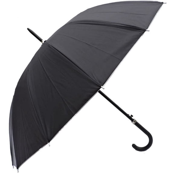 Rain Sun UV Protection Umbrella Large Full Size 42 Inches Canopy Coverage Windproof Auto Open J- Shape Stick Black w Sliver