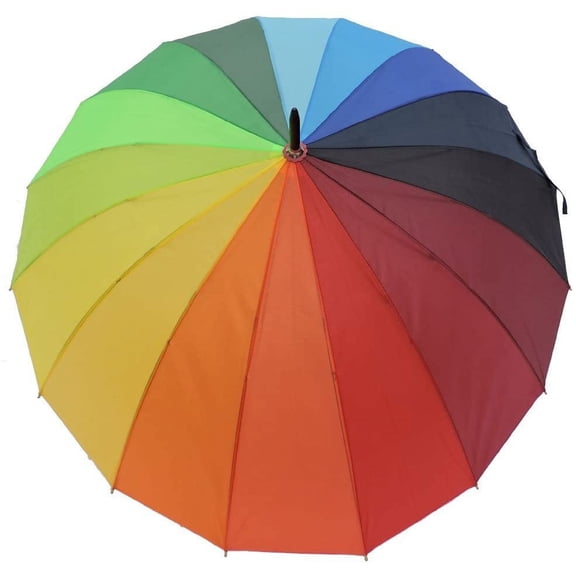 Rain Sun UV Protection Umbrella Large Full Size 42 Inches Canopy Coverage Windproof Auto Open J- Shape Stick Rainbow