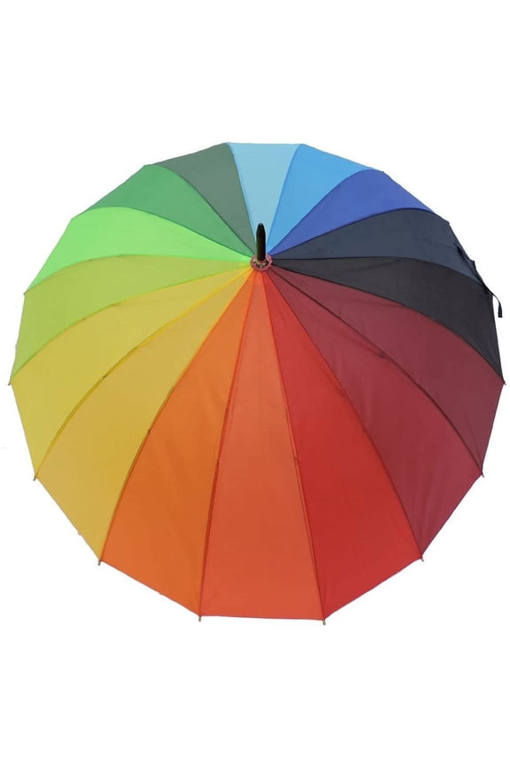 Rain Sun UV Protection Umbrella Large Full Size 42 Inches Canopy Coverage Windproof Auto Open J- Shape Stick Rainbow