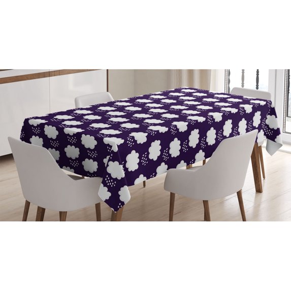 Rain Tablecloth, Cumulus Style Puffy Clouds Participating White Droplets Repeating Pattern, Rectangle Satin Table Cover for Dining Room and Kitchen, 60" X 84", Dark Purple and White, by Ambesonne