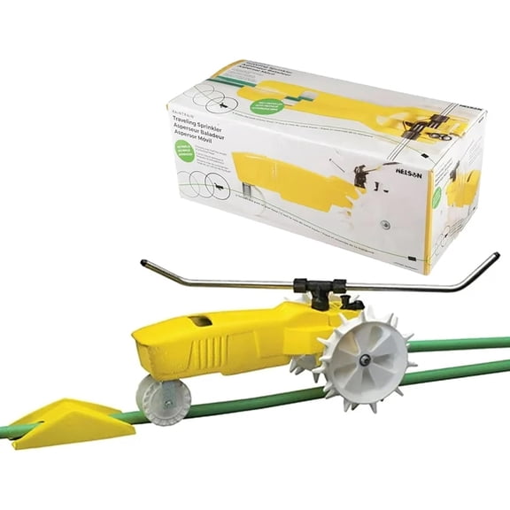Rain Train 13,500 Square Feet Cast Iron Outdoor Lawn Traveling Water Sprinkler for Yard, and Garden, with Auto Shut Off, Yellow