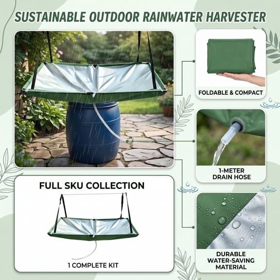 Rain Water Collector with Hose, Suspended Collapsible UV Resistant Rain Catchment Pad, Lightweight Reusable Outdoor Water Conservation Gear for Lawn Irrigation Camper Van Balcony