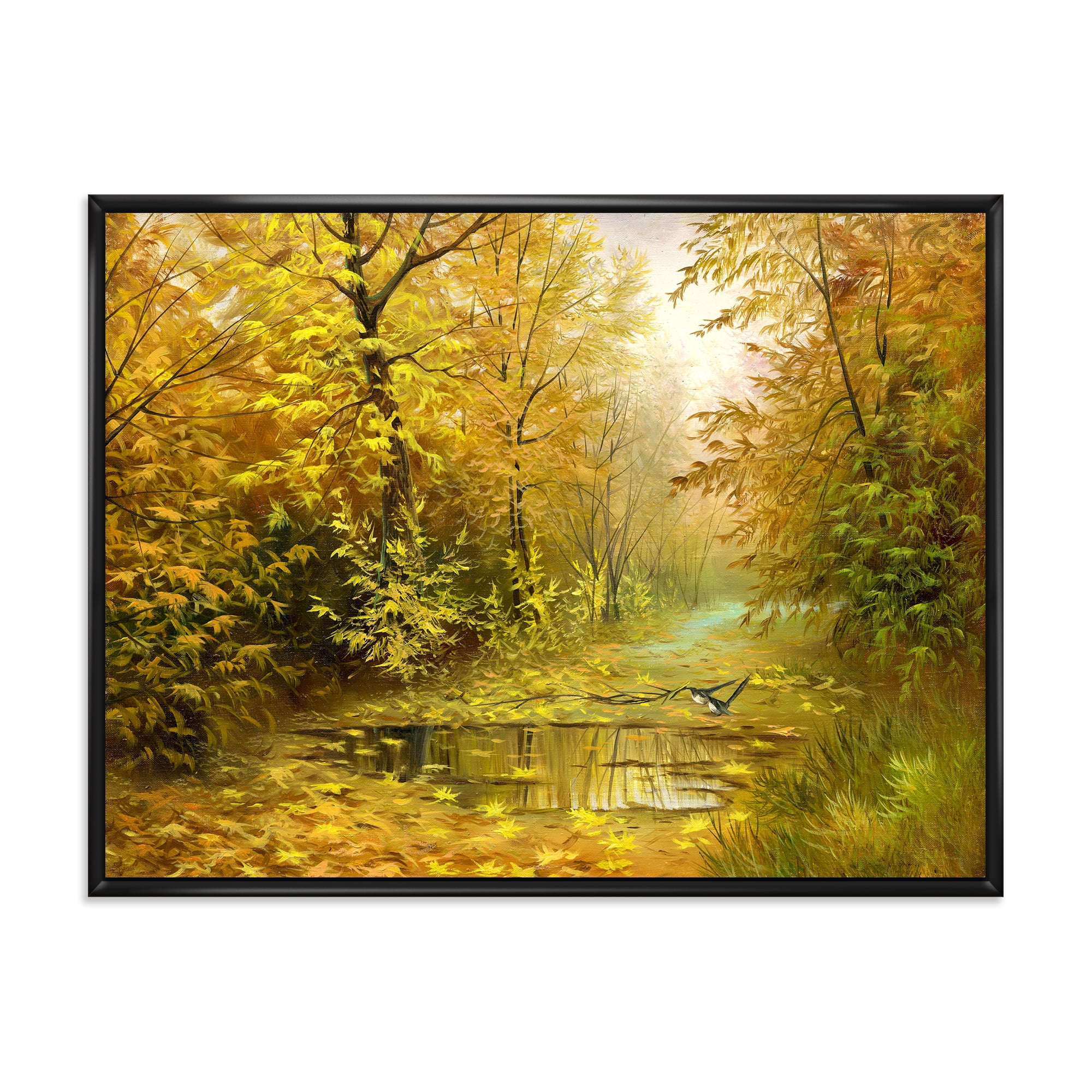 Rain Water On Road In Yellow Woodlands 20 in x 12 in Framed Painting Canvas Art Print, by Designart