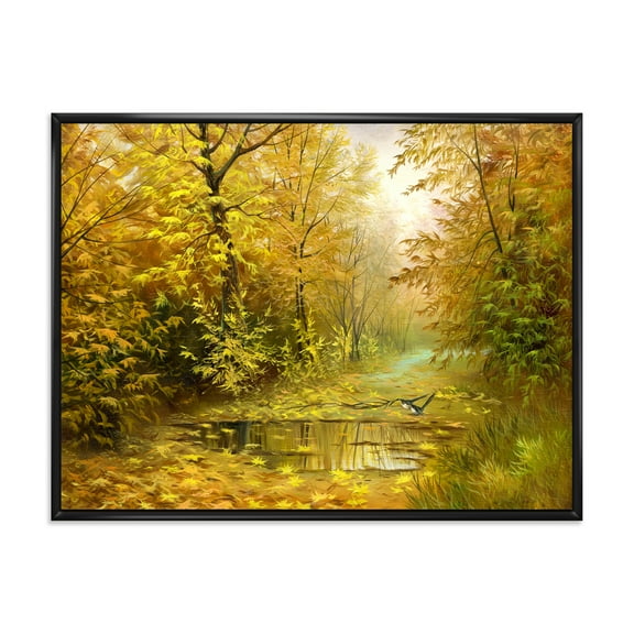 Rain Water On Road In Yellow Woodlands 20 in x 12 in Framed Painting Canvas Art Print, by Designart