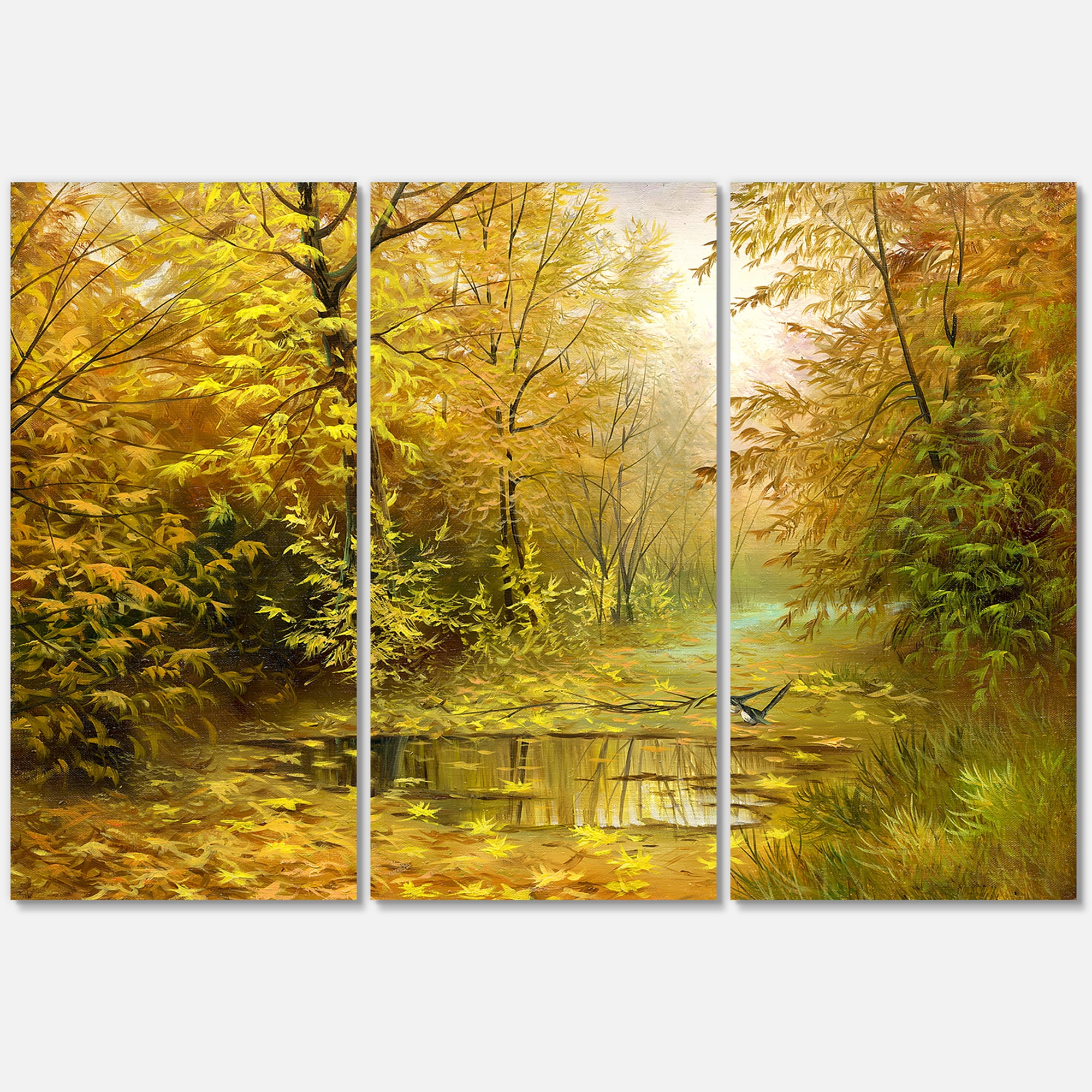 Designart ' Rain Water On Road In Yellow Woodlands ' Country Canvas Wall Art Print