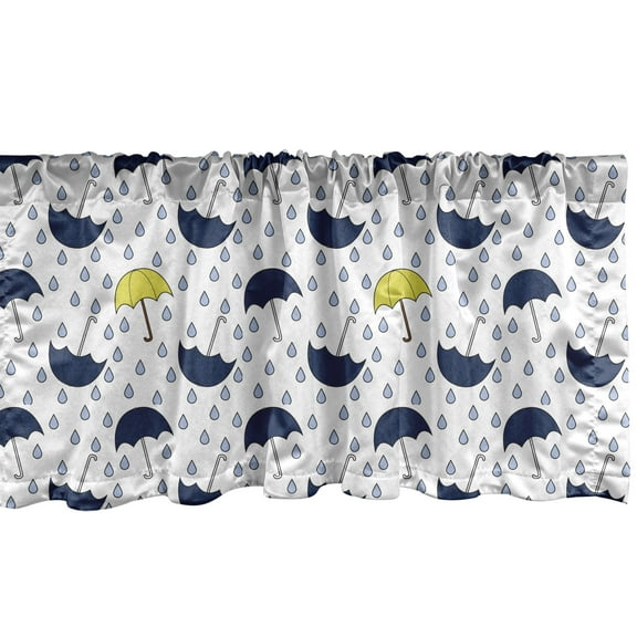 Rain Window Valance Pack of 2, Continuous Hand Drawn Colorful Umbrella Weather Related Parasols Raindrops, Rod Pocket Curtain Valances Kitchen Bedroom, 2 Sizes, White Dark Blue Yellow, by Ambesonne