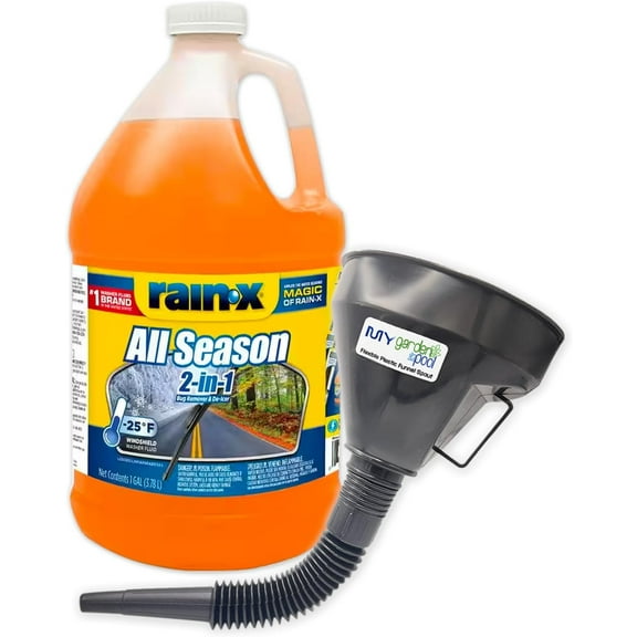 Rain-X 2-in-1 All Season Washer Fluid 1 Gallon - Ultimate Visibility, Protection with My Garden Pool Plastic Funnel Spout for Easy Pouring (1)