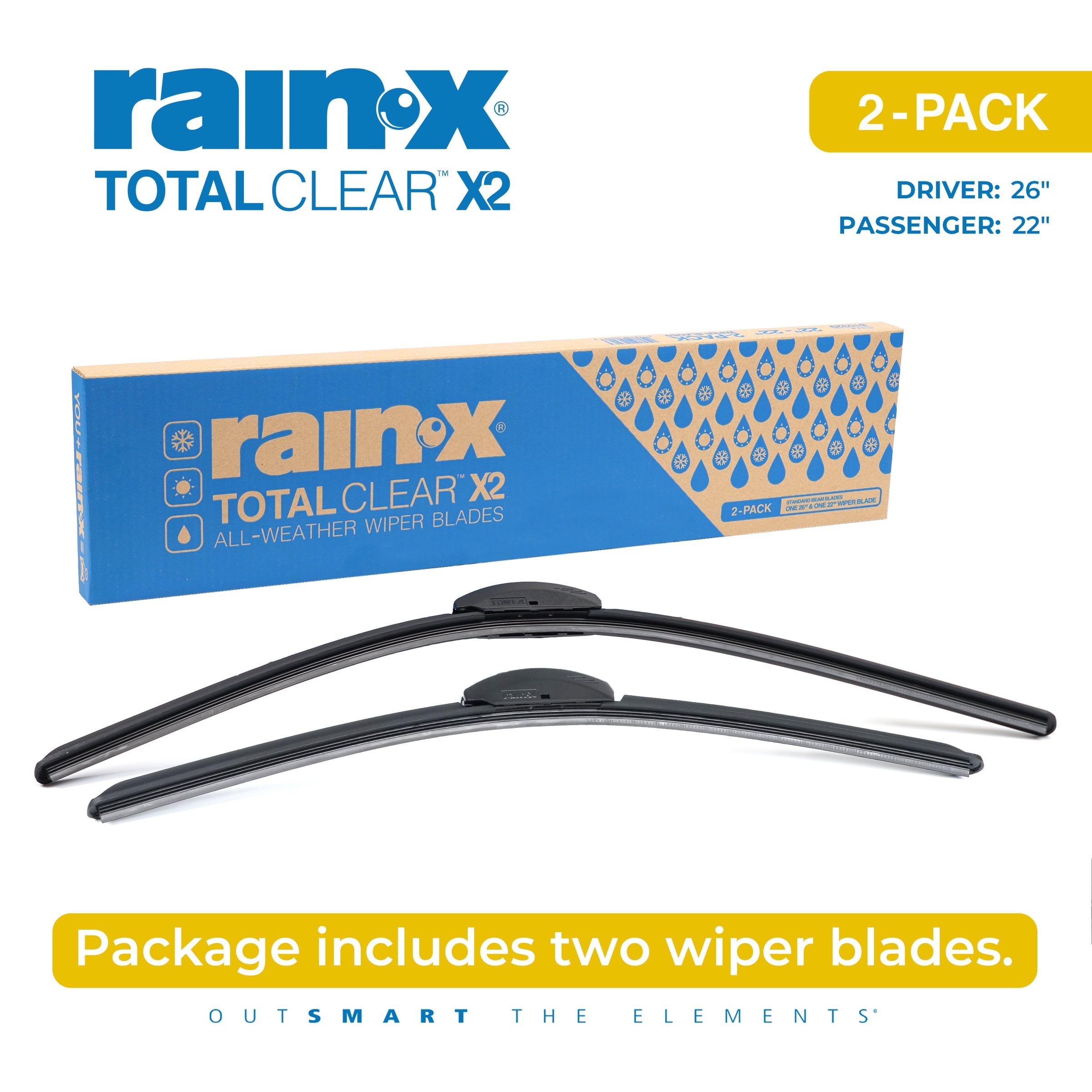 Rain-X 810331 Total Clear Beam Wiper Blades 26" & 22" Windshield Wipers for All-Weather Performance, Rubber Squeegee for Smooth Clean Wipe & Quiet Operation - 2 Pack Value