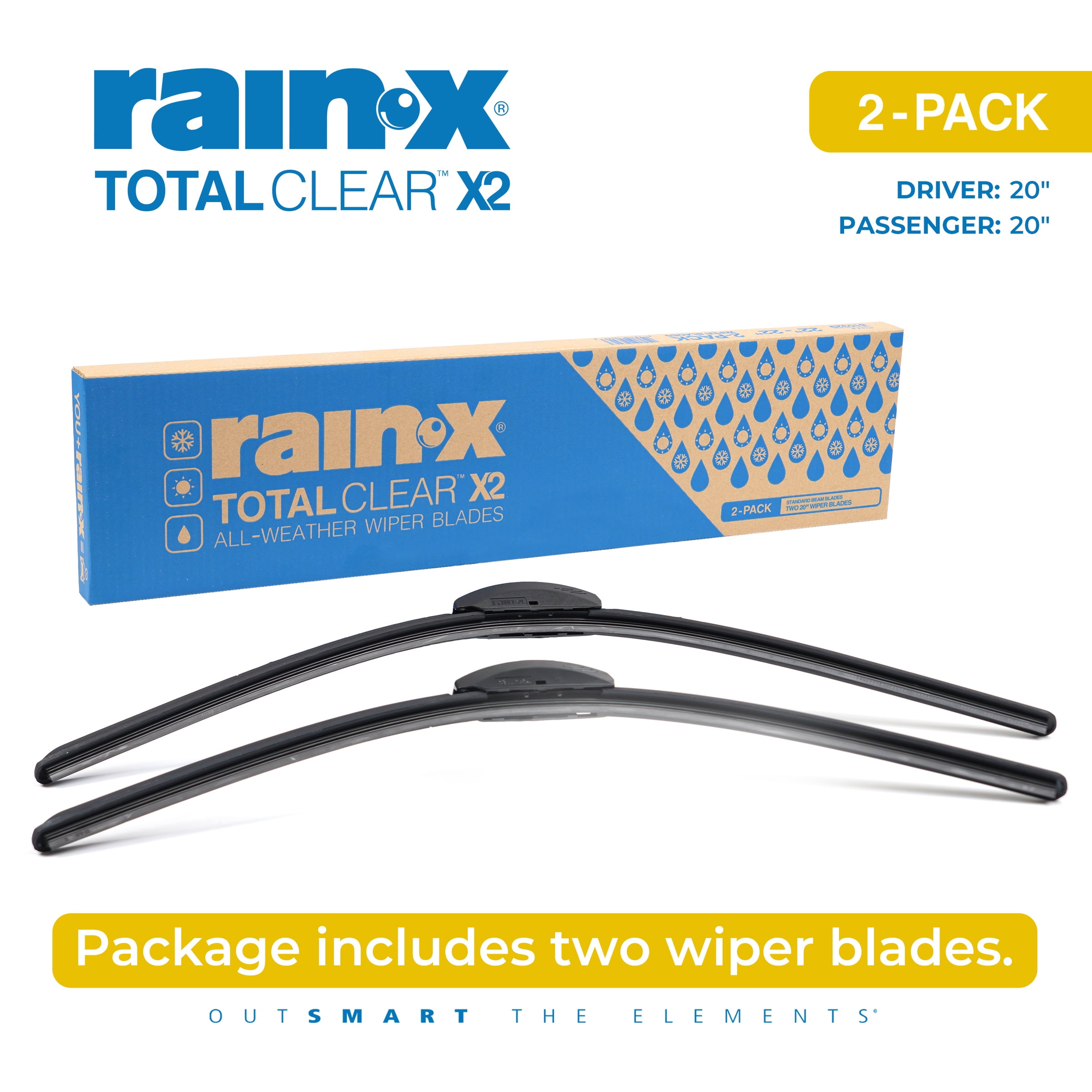 Rain-X 810337 Total Clear Beam Wiper Blades 20" & 20" Windshield Wipers for All-Weather Performance, Rubber Squeegee for Smooth Clean Wipe & Quiet Operation - 2 Pack Value