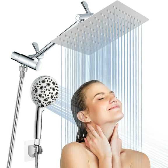 Rain shower head with hand unit, 8" high pressure rainfall shower head with extension arm, stand and hose, leak-proof waterfall, chrome