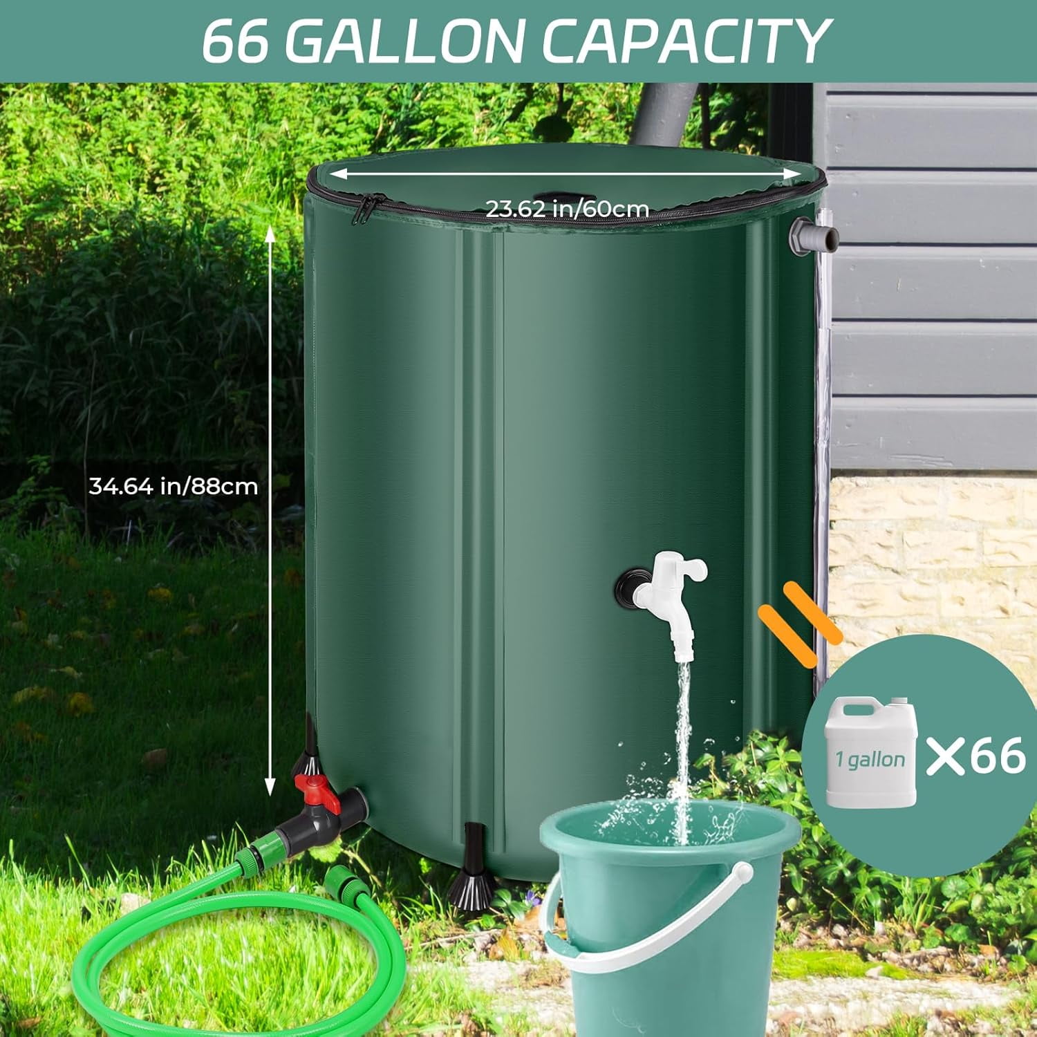 Rain  with Filter, Spigots & Overflow Kit - 66 Gallon Green Water Storage  for Rainwater
