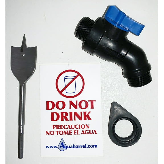 RainBarrel Drain: Bent Neck High Flow Spigot + Threaded Rubber Seal + Spade Drill Bit