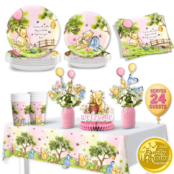 RainMeadow Premium 106 Pc Pink Winnie Baby Shower Girl - Pink Winnie Party Supplies Tableware with Pooh Plates, Napkins, Cups, Tablecloth, Cupcake Toppers - Baby Girl Pooh Baby Shower Y101