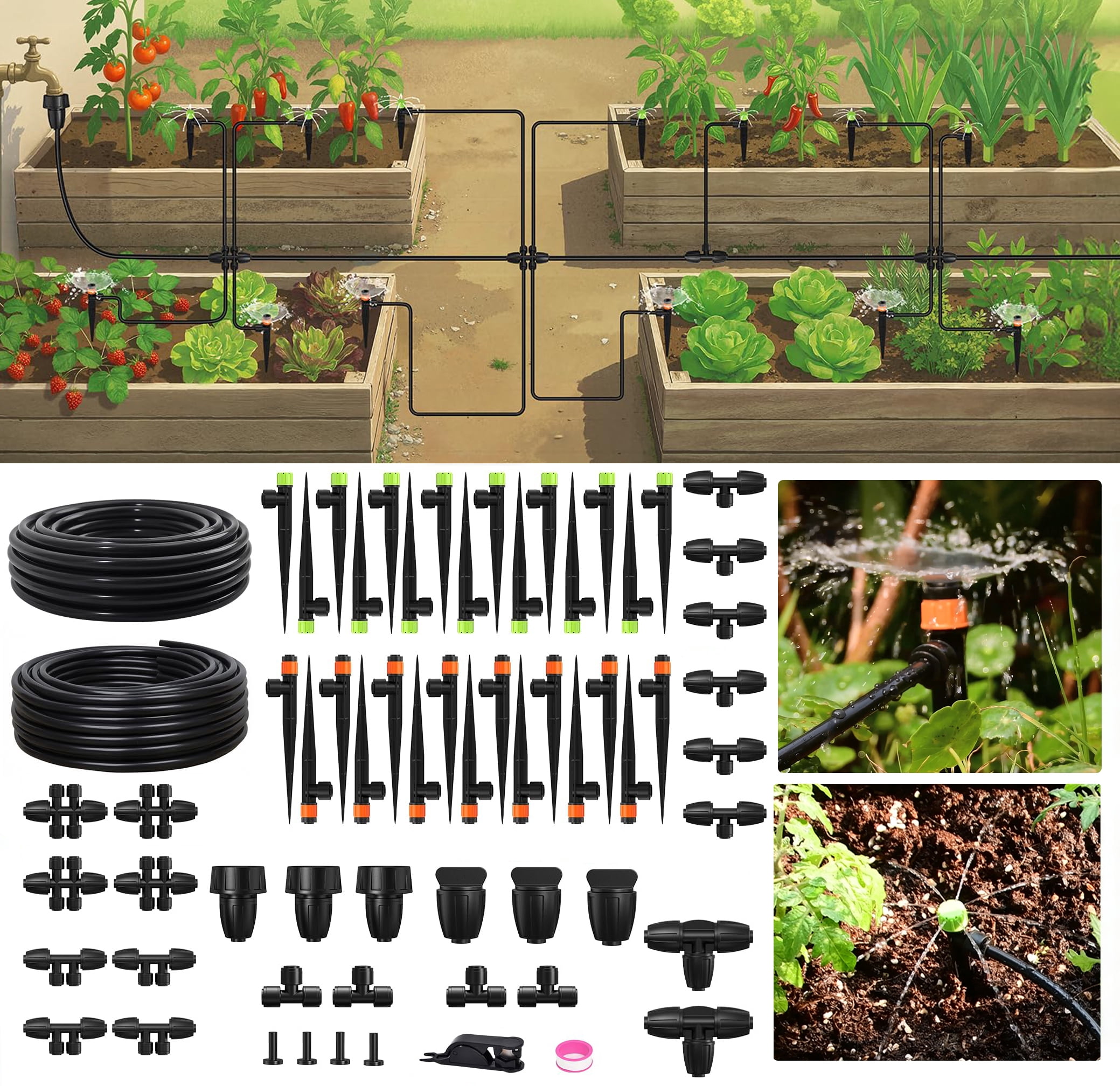 RainPoint Drip Irrigation System with 50FT 5/16" and 100FT 1/4" Irrigation Tubing, Adjustable Emitters DIY Drip Irrigation Kit for Potted Plants, Patios& Garden, Raised Beds