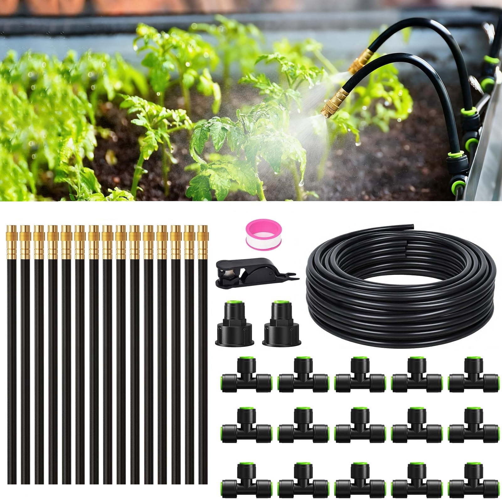 RainPoint 50FT Drip Irrigation System, 15PCS 360° Brass Nozzles Garden Watering Kit for Greenhouse Lawn Raised Beds
