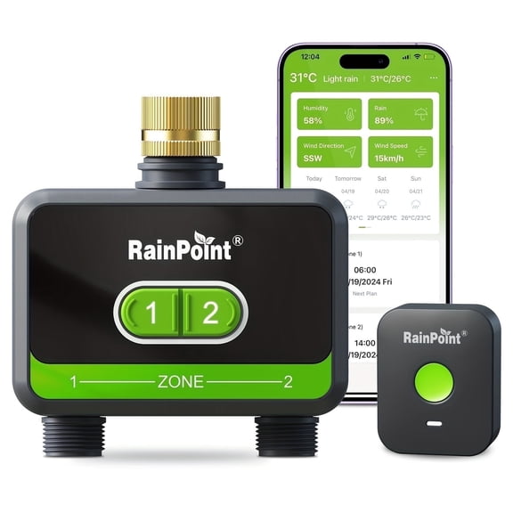 RainPoint 2-Zone Smart Wi-Fi Hose Timer with Brass Inlet, Outdoor Sprinkler Timer Irrigation Controller for Garden Yard Lawn, Watering Controller, HTV210