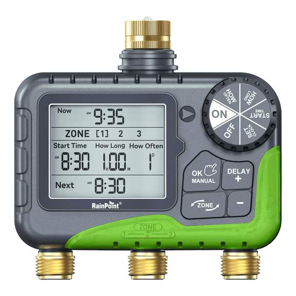 RainPoint ITV347 3-Zone Water Timer, Programmable Brass Sprinkler Timer with Rain Delay, IP65 Weatherproof, Large LCD Display for Yard Garden Lawn Irrigation (Manual/Auto)