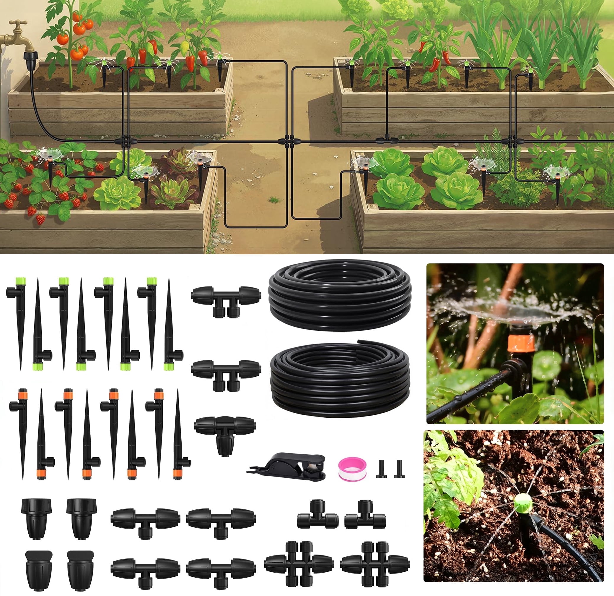 RainPoint Drip Irrigation System with 25FT 5/16" and 50FT 1/4" Irrigation Tubing, Adjustable Emitters DIY Drip Irrigation Kit for Potted Plants, Patios& Garden, Raised Beds