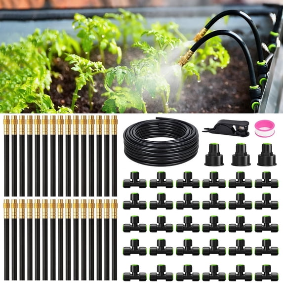 RainPoint 100FT Drip Irrigation System, 30PCS 360° Brass Nozzles Garden Watering Kit for Greenhouse Lawn Raised Beds