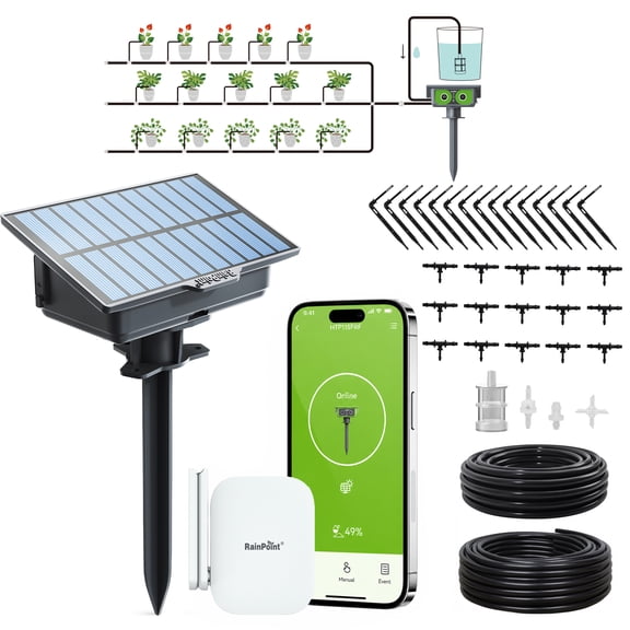 RainPoint Smart WiFi Solar Drip Irrigation System for Outdoor & Indoor Use, IPX5 Waterproof, Ideal for Flower Beds and Balconies