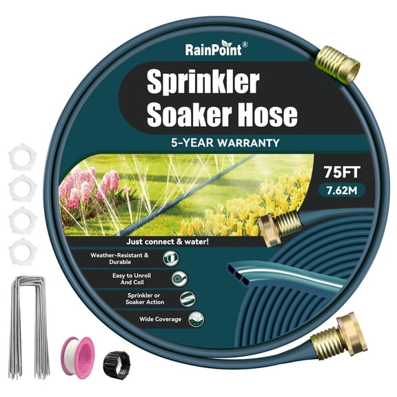 RainPoint 75FT 2-in-1 Sprinkler Soaker Hose with Stakes, Green Flat Irrigation Hose for Garden Lawn Yard