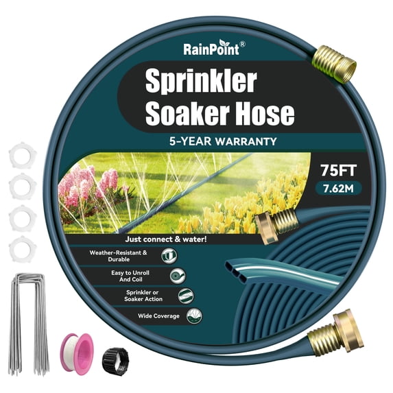 RainPoint 75FT 2-in-1 Sprinkler Soaker Hose with Stakes, Green Flat Irrigation Hose for Garden Lawn Yard