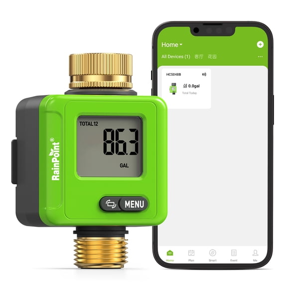 RainPoint Smart Bluetooth Water Flow Meter with App Control, 180° Flip Screen, 4 Modes for Garden RV Pool Water Monitoring