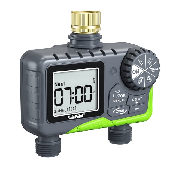 RainPoint Sprinkler Timer with Brass Inlet, 2 Zone Water Timers for Hoses, Garden Watering System