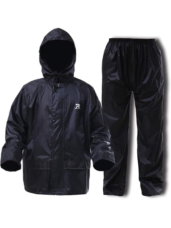 Rain Suit for Men Women Ultra-Lite Rain Gear Jacket with Pants 3-Piece Portable Ripstop(Black,Large)
