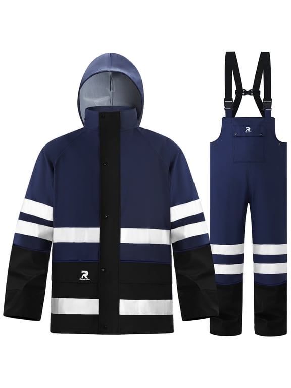 Rain Suits Waterproof for Men & Women Heavy Duty Rain Gear High Visibility Reflective Jacket Bib Pants 3 Pieces Rainwear(Navy,XX-Large)