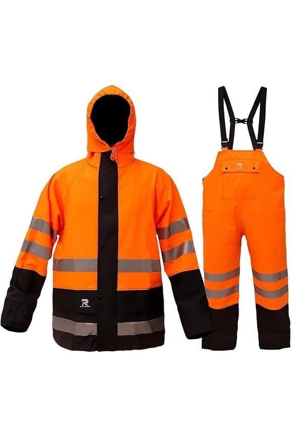 Rain Suits Waterproof for Men & Women Heavy Duty Rain Gear High Visibility Reflective Jacket Bib Pants 3 Pieces Rainwear(Orange,XXL)