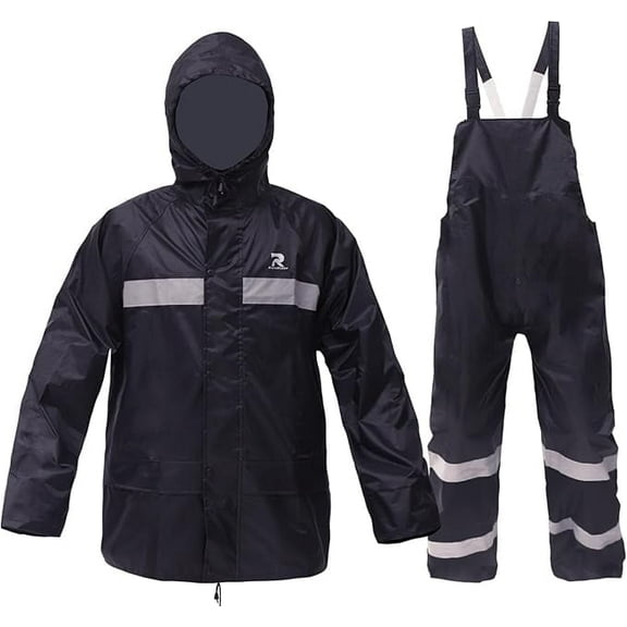 RainRider Rain Suits for Men Women Waterproof Fishing Rain Jacket Bib Pants Lightweight Reflective 3-Piece Rain Gear (Black, L)