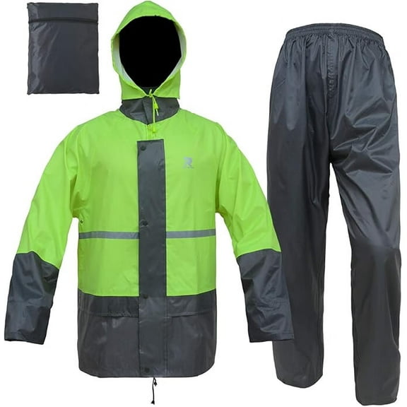 RainRider Rain Suits for Men Women Waterproof Lightweight Rain Gear Jacket Coat with Pants Workwear (Large, Fluorescent/Grey)